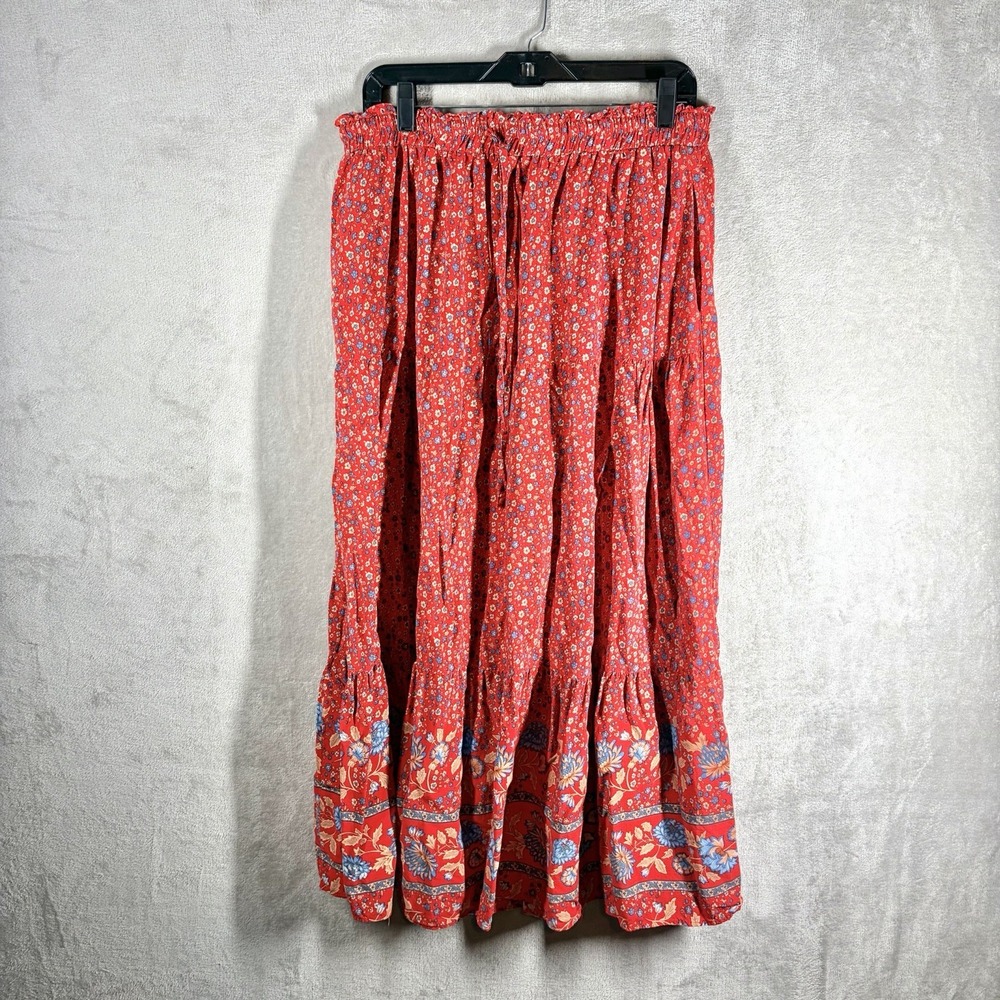 Tiered Retro Prairie Maxi Skirt Size XL Red Ditzy Floral Boho 70s Cottage Farm